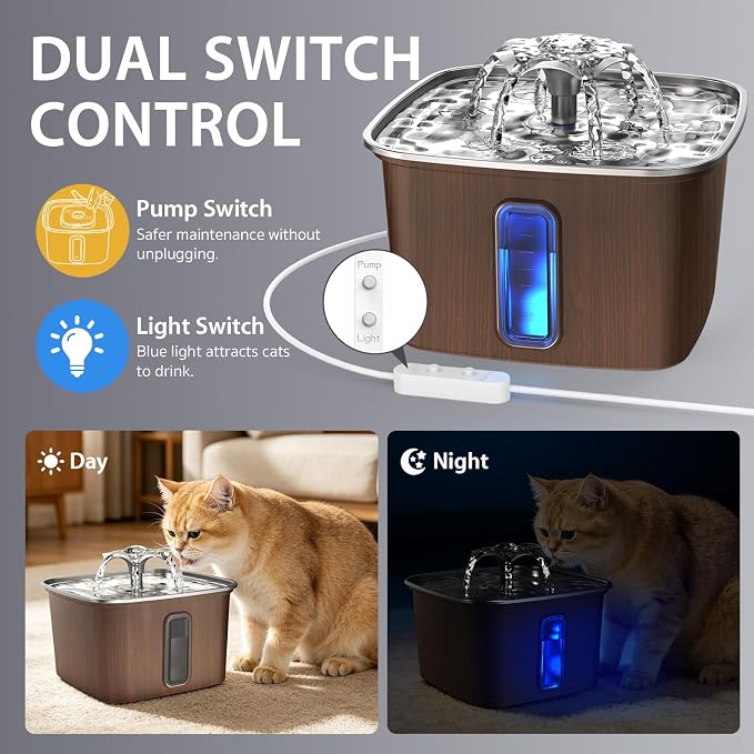 Veken Innovation Award Winner Stainless Steel Cat Water Fountain, 108oz | Automatic Pet Fountain Dog Water Dispenser with Replacement Filters & Silicone Mat for Cats, Dogs (Walnut Brown)
