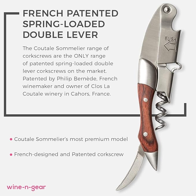 Prestige Waiters Corkscrew By Coutale Sommelier - Rosewood - Handmade and Sustainable Pinewood Crate - French Patented Spring-Loaded Double Lever Wine Bottle Opener for Bartenders and Gifts