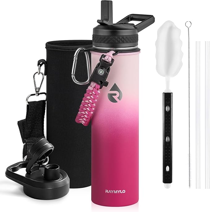 RAYMYLO Insulated Water Bottle 24 oz, Triple Wall Vacuum Stainless Steel (Cold for 24Hrs, Hot for 12Hrs), Leak Proof & Non-BPA, Modern Water Flask Jug with Paracord Handle & Straw Spout Lids