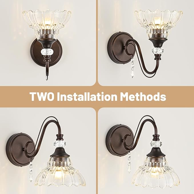 1 Piece Oil Rubbed Bronze Finish Wall Sconce, 1-Light Modern Wall Sconce with Hanging Crystal Accents and Flower-Shaped Clear Shades for Bathroom Bedroom Living Room,Modern Vanity Light