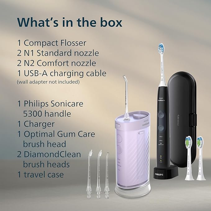 Philips Sonicare Compact Flosser 1000, Purple, ProtectiveClean 5300 Rechargeable Electric Toothbrush and 2PK Compact Nozzle Bundle, BD2001AZ