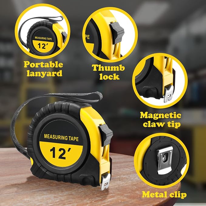 40 Pieces Tape Measure 12 ft Retractable Measuring Tape Bulk with Fractions Marked Easy Read Yellow Measuring Tape Bulk Set for Engineer Contractors, Autowind and Lock
