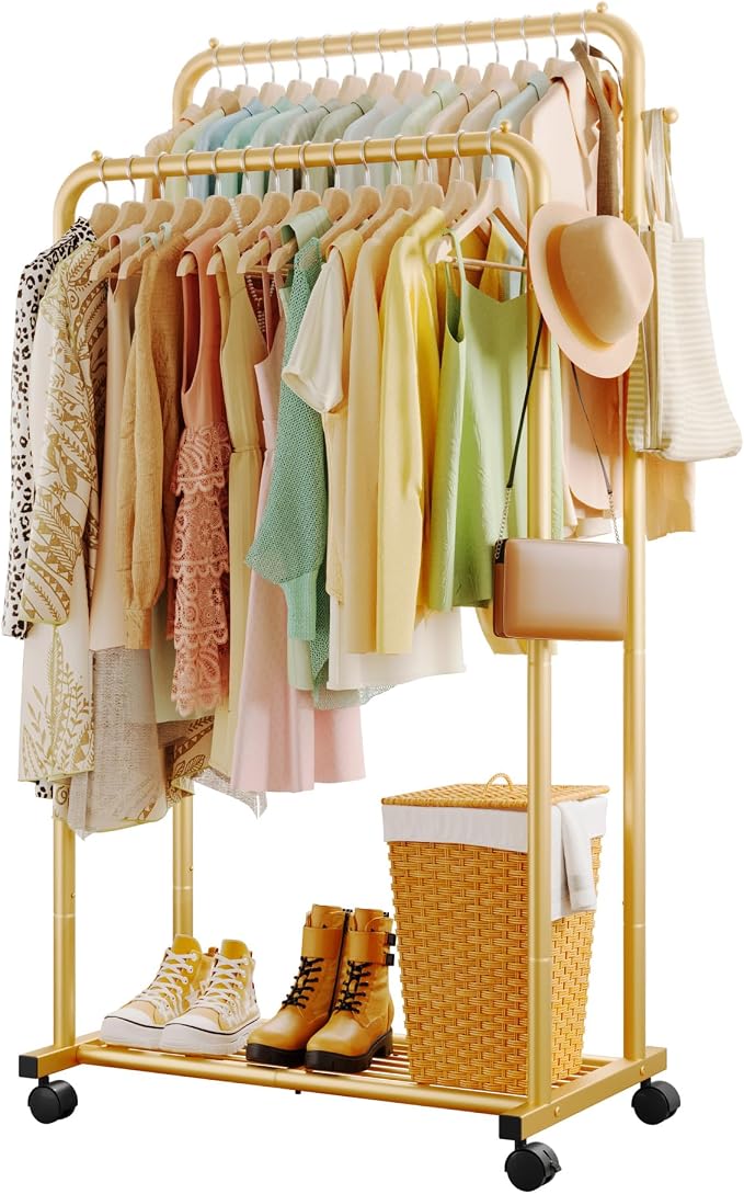 Sakugi Clothes Rack - Double Rods Clothing Rack with Mesh Shelf, Hooks & Wheels, Metal Clothing Racks for Hanging Clothes & Bags, Multifunctional Garment Rack for Laundry, Gold, 28.7" x 16.5" x 59.1"