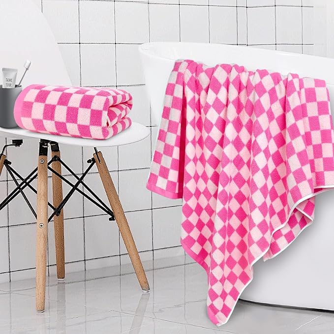 Jacquotha Hot-Pink Checkered Cotton Bath Towels Set of 2 | Cute Aesthetic Bathroom Towels for Women Girls Teens, Bathroom Decor 27.5" x 55"