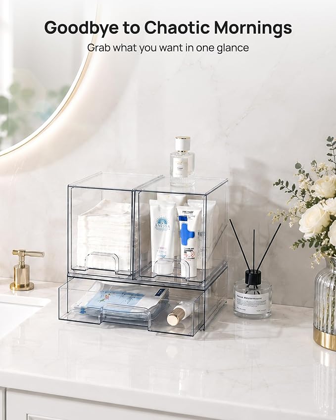 Vtopmart Stackable Storage Drawers Set of 3, Clear Plastic Organizer Bins for Bathroom Supplies, Ideal for Cabinet,Shelf, Pantry, Laundry Room Organization