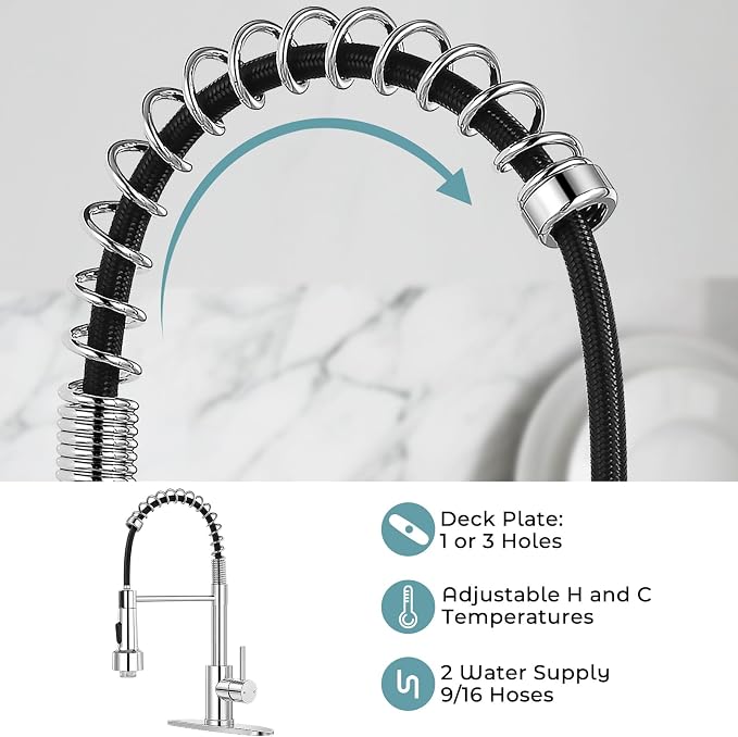 Kitchen Faucet with LED Pull Down Sprayer Chrome | 2-mode sprayer, 360° high arc spout, 304 SS build, drip-free valve, fingerprint-resistant, DIY install, 500K cycle tested