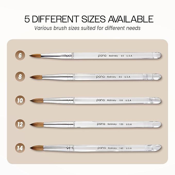 PANA Pure Kolinsky Hair Nail Brush - Round Clear Acrylic Handle (Size 8) - Nail Brush for Nail Application, Nail Extension, Manicure Pedicure Salon Beginner and Professional