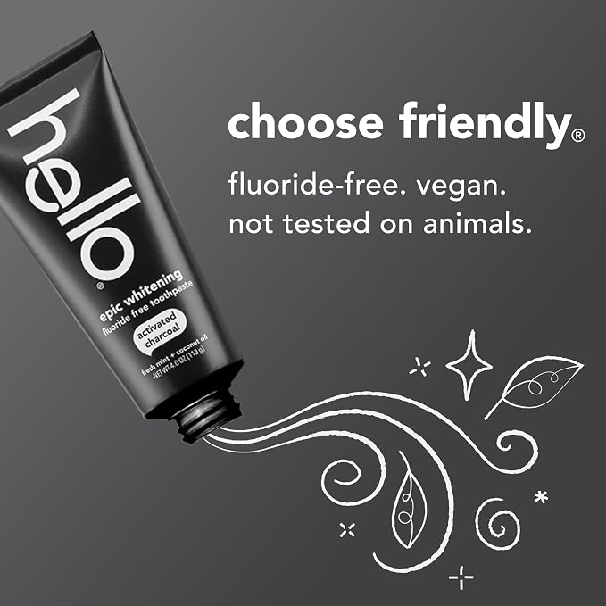 hello Epic Whitening Charcoal Fluoride Free Toothpaste, Activated Charcoal Toothpaste with Coconut Oil, Whitens Teeth Naturally, SLS Free, Fresh Mint, 4.0 Oz Tube (Pack of 12)