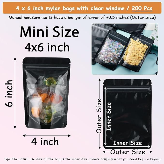 4X6 Resealable Bags 200 Pcs Mylar Bags for Food Storage Candy Packaging Black Mylar Bags with Window Reclosable Small Stand Up Pouches Edible Packaging for Small Business