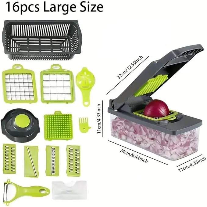 16 in 1 Kitchen Vegetable Cutter with Interchangeable Blades Carrot Grater Potato Peeler Slicer Tool with Storage Container Green