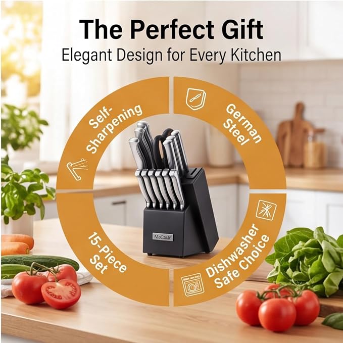 McCook Knife Set Sharp Kitchen Knife Block Set w Built-in Sharpener | German Forged Stainless Steel,15 PC,Razor Sharp,Anti-Rust,Restaurant Grade,Ergonomic Handle,Full Tang,Gift Box