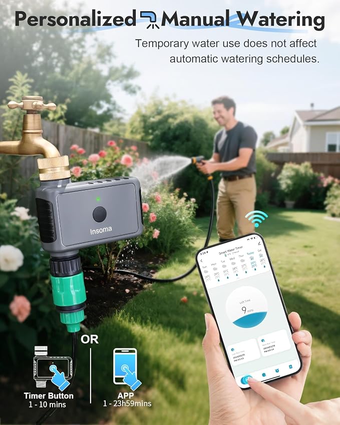 Insoma 1 Zone WiFi Water Timer with Brass Inlet, Smart Hose Timers with Hub Support 2.4GHz WiFi & Bluetooth, APP & Voice Control, Irrigation Timers with Rain Delay & Manual Watering for Yard, Lawn