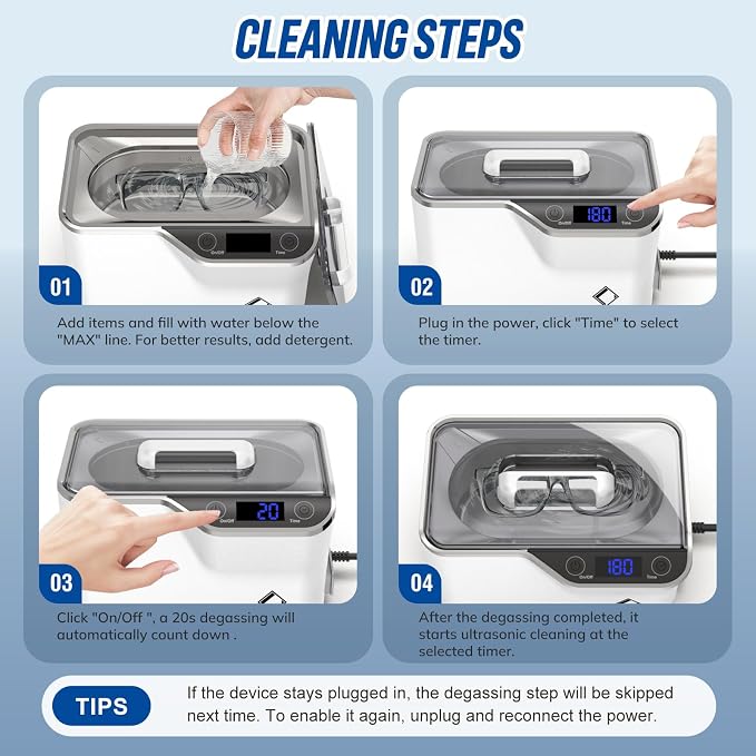 LifeBasis Ultrasonic Cleaner – 45kHz Professional Ultrasonic Jewelry Cleaner 600ML with Built-in Cooling Fan, 5 Digital Timer for Rings, Coins, Watches, Eyeglasses, Dentures, Retainers & More, White