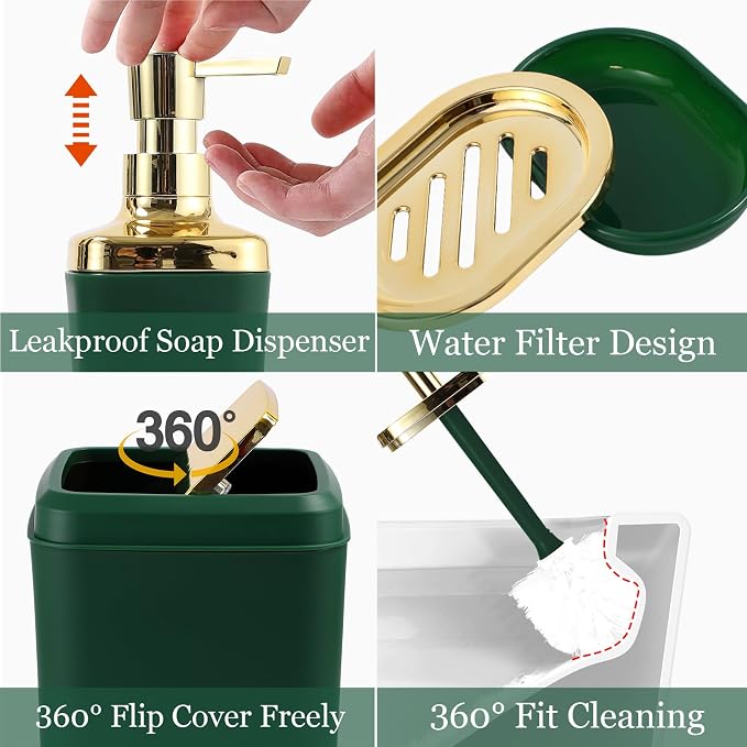 XLHOMO Bathroom Set - Dark Green Bathroom Sets with Shower Curtain and Rugs, 24PCS Shower Curtain Set with Hooks, Soap Dispenser, Soap Dish, Toilet Brush Holder and Trash Can for Housewarming