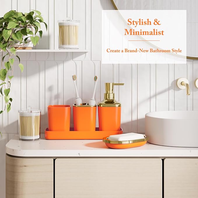 XLHOMO Bathroom Accessory Set - 24PCS Luxury Bathroom Accessories Set, Bathroom Sets with Shower Curtain and Rugs, Orange Bathroom Set with Trash Can, Toothbrush Holder & Soap Dispenser for Home Decor