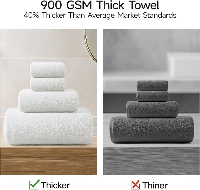REDKISS Ultra-Plush Bath Towel Set - 900GSM Premium Thick Cotton for Bathroom & Spa, Super Absorbent Quick-Dry Bath Sheets with No Shedding (4-Piece Set for Adults, Luxury Hotel & Home Use)-White