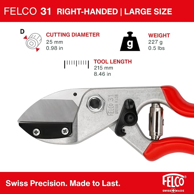 Felco F31 Pruning Shears – 8.3" Garden Clippers with Anvil Blade for Dry & Hard Wood | Hand Pruner for Gardening | Garden Tool Cutter with Aluminum Handle, Alloy Steel Blade, High-Torque Cutting Power