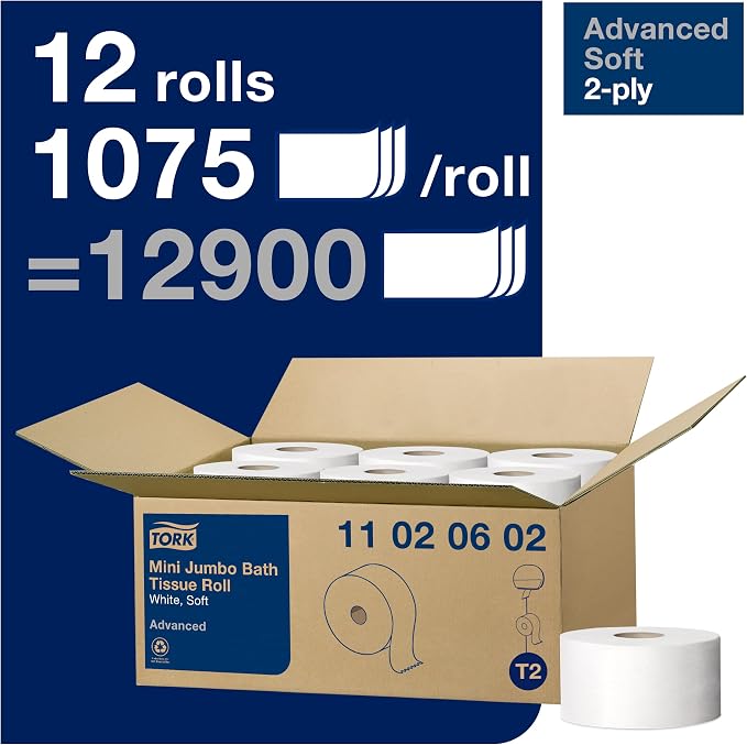 Tork Matic Soft Hand Towel Roll & Mini Jumbo Bath Tissue Roll - Toilet Paper Towels with Advanced Soft Quality, Compatible with T2 Dispenser, 12 rolls x 1075, 2-Ply Sheets, Color: White, 11020602