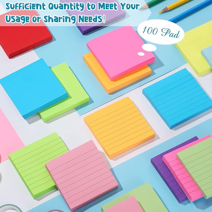 Fuutreo 100 Pad 10000 Sheet Sticky Notes Bulk 3 x 3 Inch Lined Self Stick Note Pad for School Student Teacher Classroom