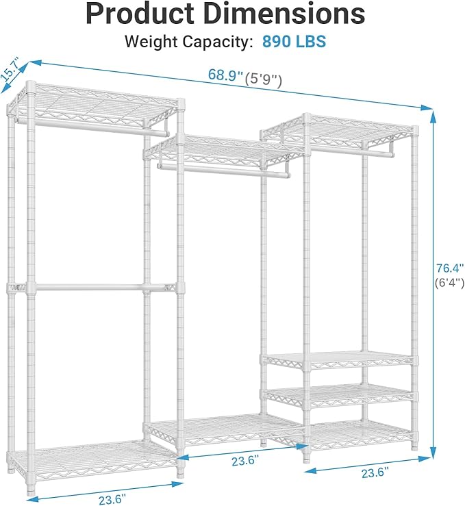 VIPEK V5 Portable Closet Wardrobe Heavy Duty Clothes Rack, Freestanding Clothing Racks with 4 Hang Rods & 8 Shelves, Adjustable Custom Closet Racks, 68.9" L x 15.7" W x 76.4" H, Max Load 890LBS, White
