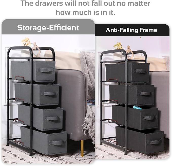 MAX Houser 4 Drawer Narrow Dresser Fabric Storage Tower Vertical Slim Storage Chest Organizer Nightstand Side/End Table Small Standing Organizer Removable Drawers Wood Top for Bedroom, Bathroom（Black