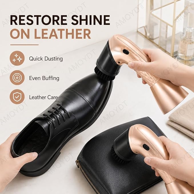 Handheld Electric Shoe Polisher, Rechargeable Shoe Shine Kit with 6 Brush Heads, Ergonomic Grip and Compact Storage Base for Cleaning and Polishing Leather Shoes, Bags, Boots and Upholstery