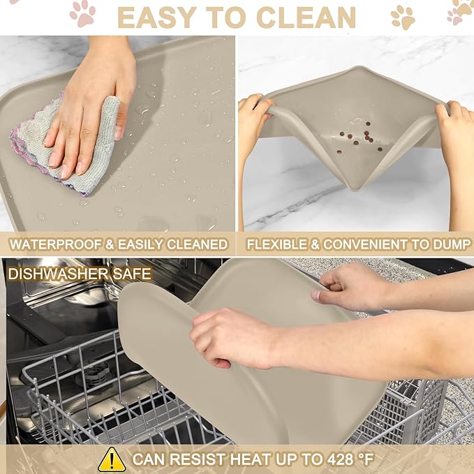 SMILOOL Waterproof Silicone Pet Food Mat with Raised Edge for Dog & Cat | 19" x 12" Non-Slip Pet Feeding Mats with Lip for Food & Water Bowl, Food Grade, Easy Cleaning, Beige