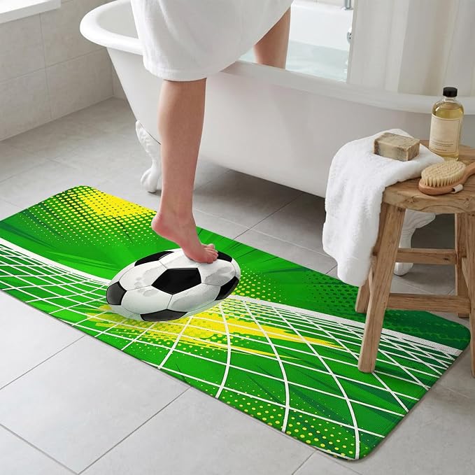 Green Football Bathroom Runner Rugs Non Slip Washable Absorbent Narrow Long Bath Mat Soccer Ball Goal Net Vibrant Runner Rugs for Kitchen Hallway Bedroom Laundry Study Room 31.5"x63"