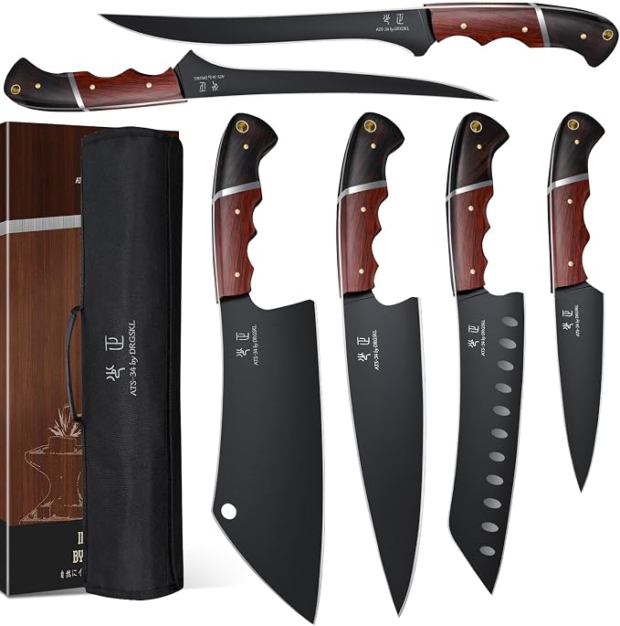 DRGSKL Kitchen Knife Set with Bag - 6 PCS Chef Knife Set with Wooden Handle | Japanese ATS-34 Steel, Full Tang, Ergonomic Walnut Handle, Precision Cutting, Gift Box