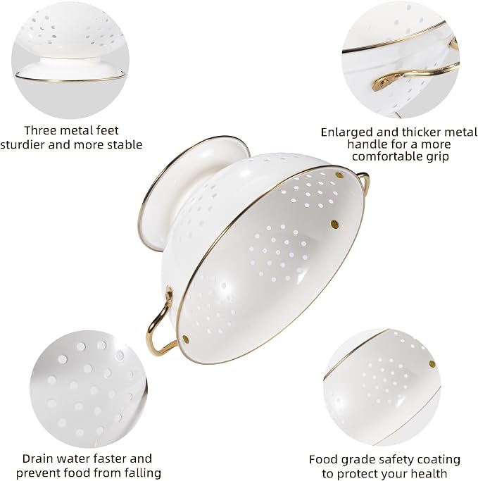 Metal Colander Set of 3, Strainer Basket with Handles perfect for Spaghetti, Pasta, Berry, Vegetable, Fruit, Solid Base Powder Coated Kitchen Essential Strainer Set, 1 & 3.5 & 5 Qt (Cream)