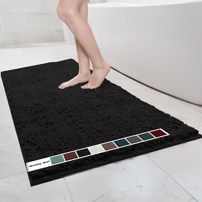 Muddy Mat® | Chenille Bathroom Rugs Quick Dry Microfiber Mats Non Slip Washable, Extra Thick, Soft and Highly Absorbent Bath Mats for Bathroom, Kitchen, and Shower Floor - Black 36"x60"