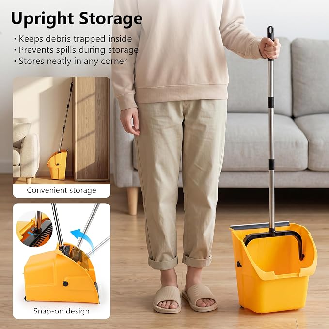 Jumbo Commercial Dustpan with Wheels & Comb Teeth - Heavy Duty 14.2" Rolling Debris Pan - Long Handle Extra Large Upright Dust Pan for Industrial Warehouse Garage Restaurant Sidewalk Outdoor - Yellow