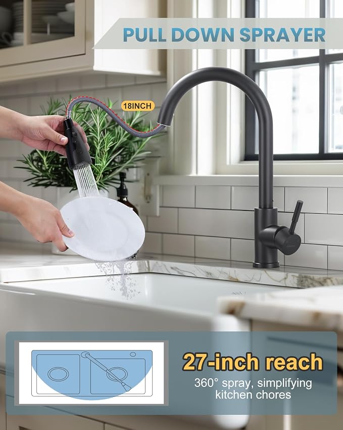 WOWOW Black Kitchen Faucet with Sprayer, Pull Down Kitchen Sink Faucet Lead-Free, Stainless Steel Single Handle Kitchen Faucets with Deck Plate, 360 Swivel High Arc Single Hole RV Kitchen Faucet