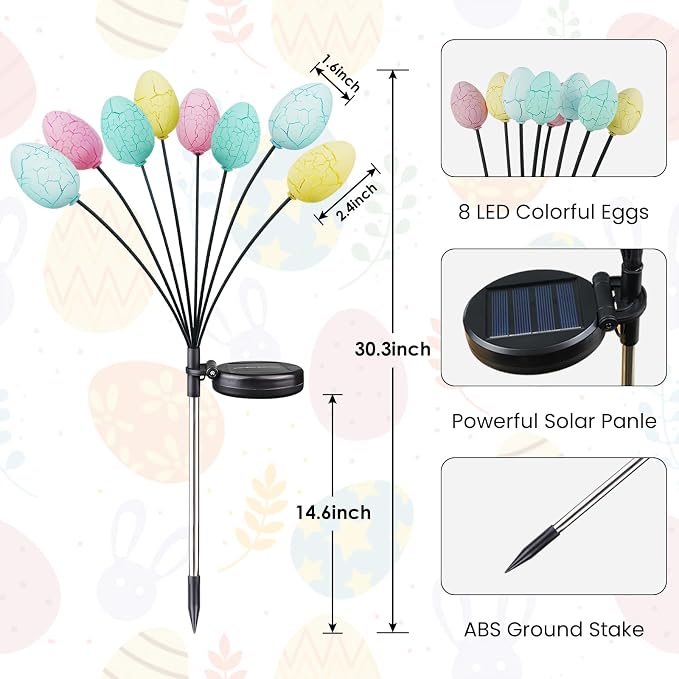 4 Pack 32 Led Solar Easter Egg Lights, Colorful Garden Swaying Firefly Lights Outdoor with 2 Lighting Modes, Waterproof Solar Stake Lights for landscaped Yards, Porches and Patio Easter Decorations