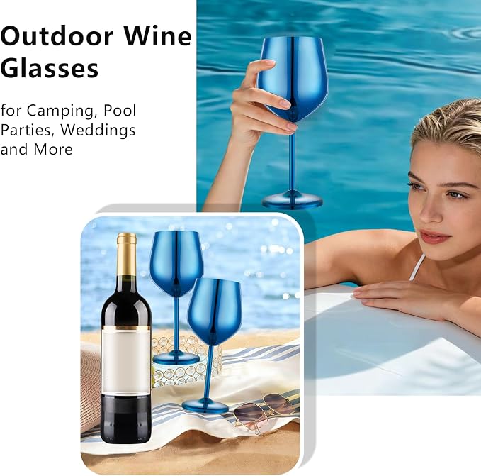 UNISWEET Unbreakable Stainless Steel Wine Glasses Set of 2, Blue | 17oz Unique Fancy Metal Wine Goblets, Shatterproof, Ideal for Outdoor, Camping, Travel, Pool, Great Gift for Wine Lovers