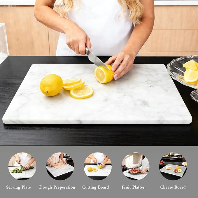 Marble Cutting Board for Kitchen 20×16 Inch Italian Carrara White | Natural stone, 0.59" thick, non-slip feet, stay cool for dough/butter, ideal for pastry, cheese, charcuterie, pizza, bread