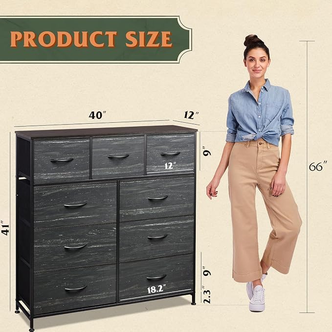 WLIVE 9-Drawer Dresser, Fabric Storage Tower for Bedroom, Entryway, Closet, Tall Chest Organizer Unit with Fabric Bins, Steel Frame, Wood Top, Easy Pull Handle, Charcoal Black Wood Grain Print