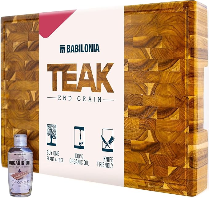 Teak Wood Cutting Board for Kitchen, End Grain Extra Thick Butcher Block | 16 x 10 Inch (ExtraThick 1.7") Professional Heavy Duty Hardwood Non Toxic Wooden Chopping Board (Oil & Plate Included)