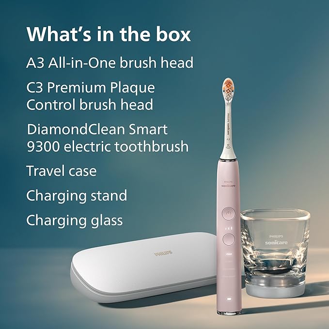 Philips Sonicare DiamondClean Smart 9300 Electric Toothbrush - Sonic Toothbrush with App, Pressure Sensor, 12 Brushing Settings, Replacement Reminder, Travel Case, Pink, Model HX9903/25