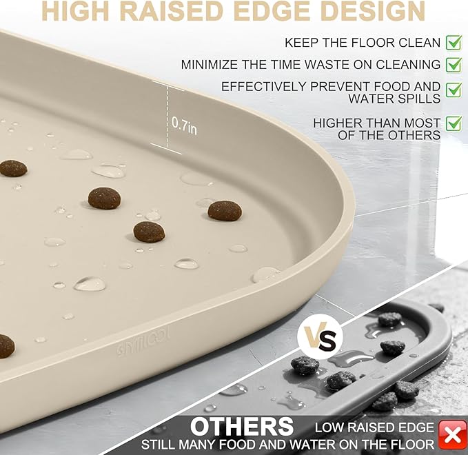 SMILOOL Waterproof Silicone Pet Food Mat with Raised Edge for Dog & Cat | 19" x 12" Non-Slip Pet Feeding Mats with Lip for Food & Water Bowl, Food Grade, Easy Cleaning, Beige