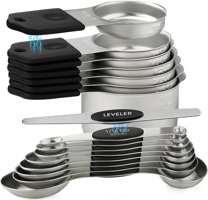 Magnetic Measuring Cups and Spoons Set Stainless Steel Stackable 7 Magnetic Metal Measuring Cup 8 Magnetic Measuring Spoon with Leveler for Dry Liquid Ingredient