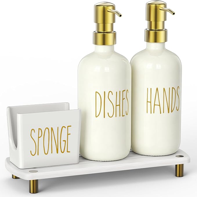 Cisily Kitchen Soap Dispenser Set Comes with Ceramics Sponge Holder, Gold Pumps, and Instant Dry Tray, Hand and Dish Soap Dispenser Set (4, Gold + Off White + Sponge Holder)