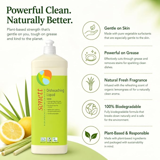 Sonett Organic Dishwashing Liquid Organic 100% Biodegradable Lemon, 34 Fl.Oz (Pack of 6)