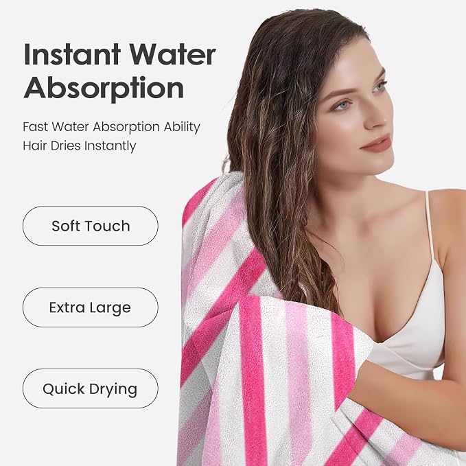 JML Microfiber Bath Towels, 2 Pack, 30" x 60", Cabana Stripe Pink | Hanging Loop, Lint Free, Oversized, Soft, Super Absorbent,Fast Drying, Perfect for Shower, Sauna, Gym, Sports, Fitness, Yoga