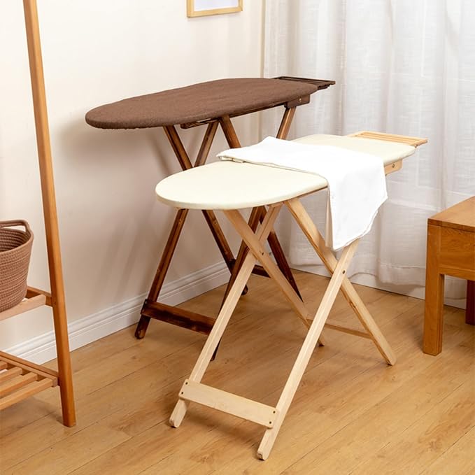 Premium Solid Wood Ironing Board with Foam Pad & Cotton Cover, Adjustable Height for Home Use(White)