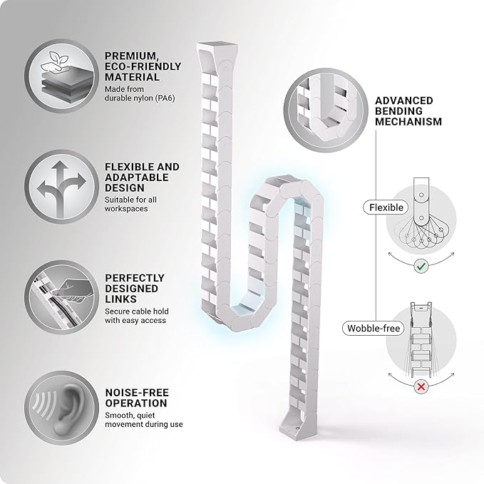 Ultimate Setup Under Desk Cable Management Vertebrae - Perfect for Sit Stand Desk - White, 133 cm