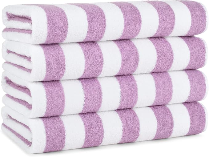 Arkwright California Cabana Stripe Beach Towel - Pack of 4, Large Soft Quick Dry 100% Cotton Terry Towels Set for Pool, Swim, and Hot Tub, Oversized 30 x 70 in, Lavender
