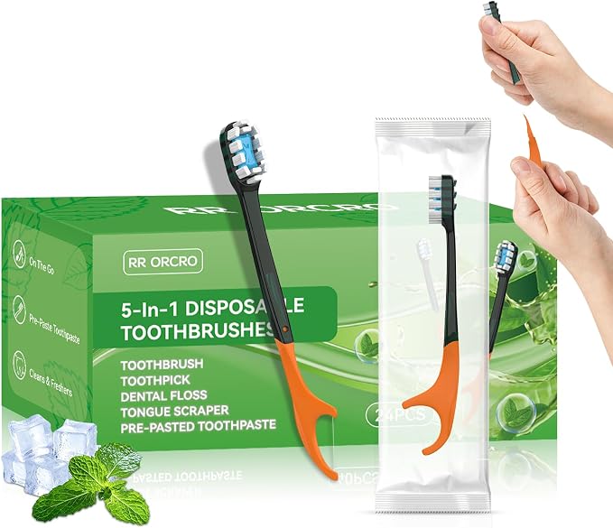 24Pack Disposable Toothbrushes with Toothpaste Pick Floss & Tongue Scraper | 5-in-1 Mini Prepasted Travel Toothbrush for Hotel Camping Flight Car Single Use Portable Individually Wrapped | Mint