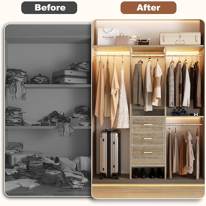 Besiost 4FT Small Closet System with 3 Fabric Drawers, 48'' Closet Organizer System With 3 Adjustable Shelves, Flexible Built-In Clothes Garment Rack for Small Space, 48"L x 13"W x 71"H, White Oak