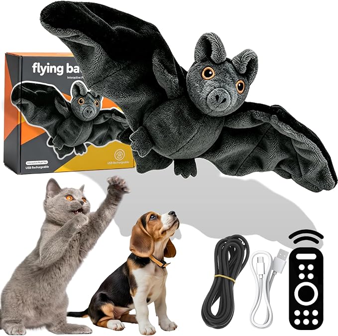 Flying Bat Dog Toy, Motion Activated Flapping Bat Cat Toy with Realistic Wings and Chirping Sounds, Rechargeable Remote Control Halloween Toy for Indoor Cats, Kittens and Small Dogs，1PC